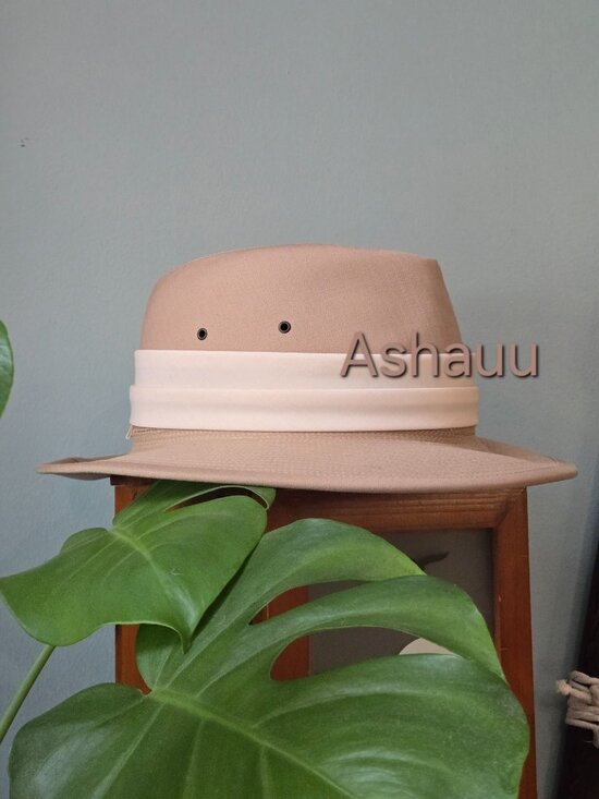 RARE Vintage 80s Fedora Hat Made in France 56 7 Tan Beige Herringbone Safari Hat main image 3